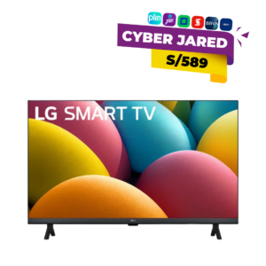 Televisor Smart TV LG de 32 pulgadas modelo 32LR600BPSC con pantalla encendida mostrando fondo de esferas de colores en oferta Cyber Jared