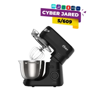 Batidora planetaria Oster de color negro con tazón de acero inoxidable y accesorio batidor de globo levantado, mostrando un precio de oferta Cyber Jared de S/609.