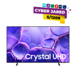 Televisor Samsung Crystal UHD de 50 pulgadas con pantalla encendida mostrando burbujas moradas y banner promocional Cyber Jared