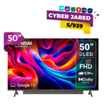 Televisor Hyundai QLED de 50 pulgadas con Google TV mostrando una pantalla colorida y un cartel promocional de Cyber Jared