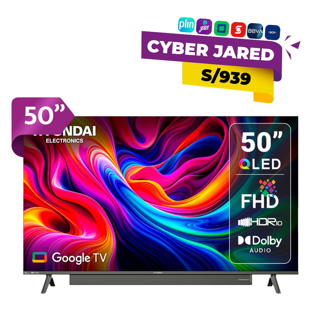 Televisor Hyundai QLED de 50 pulgadas con Google TV mostrando una pantalla colorida y un cartel promocional de Cyber Jared