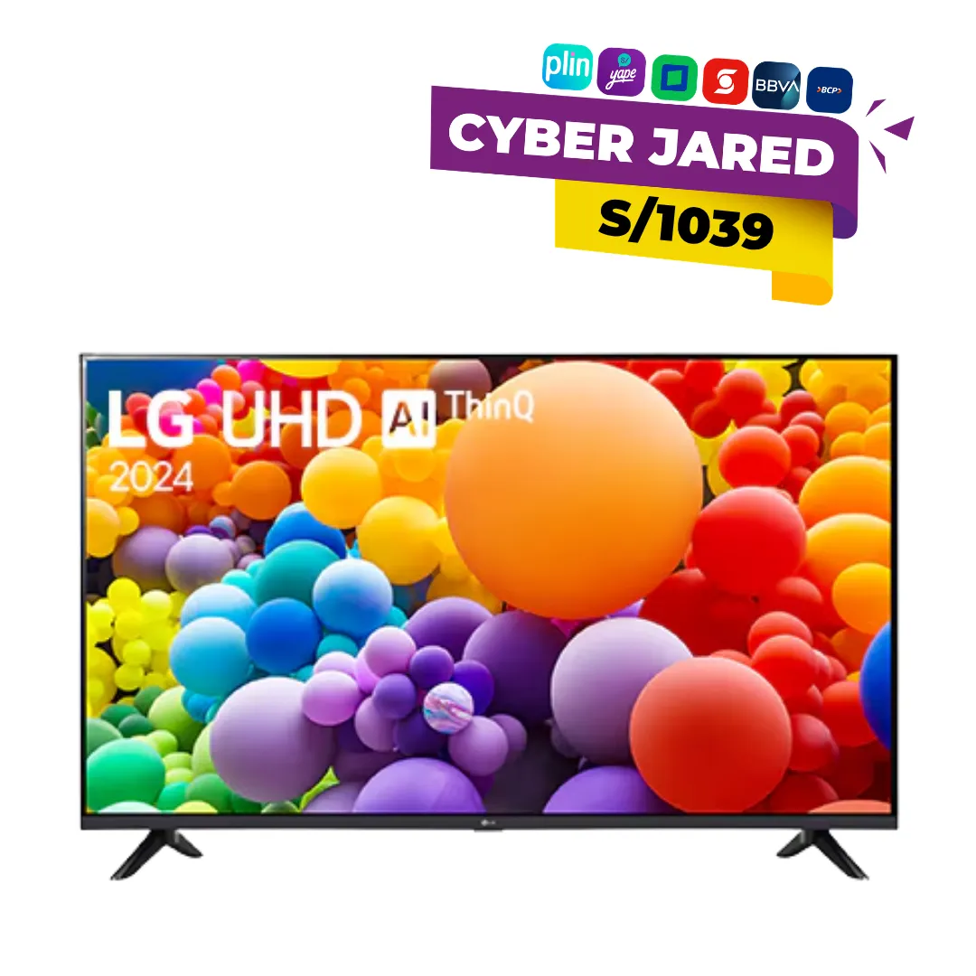 Televisor inteligente LG 43UT7300PSA de 43 pulgadas 4K UHD con pantalla encendida mostrando un paisaje colorido.