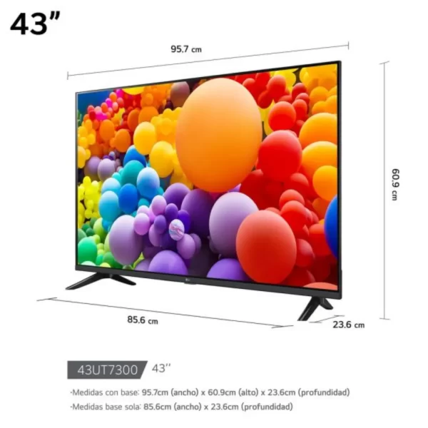 Televisor inteligente LG 43UT7300PSA de 43 pulgadas 4K UHD con pantalla encendida mostrando un paisaje colorido.