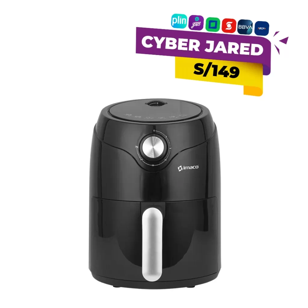 Freidora de aire compacta Imaco AF1880, color negro, con capacidad de 2 litros, panel de control analógico y canasta extraíble.