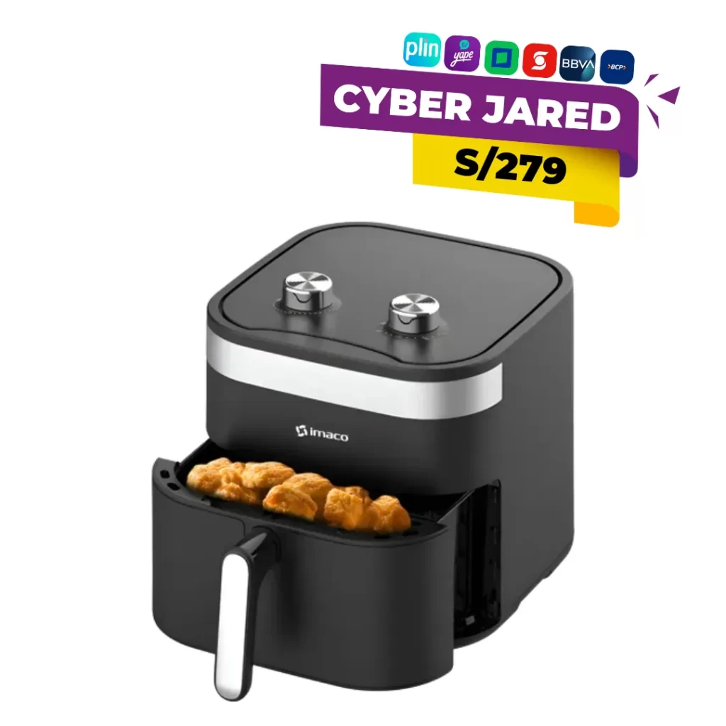 Freidora de aire de gran capacidad (6.5 litros) Imaco AF6516M, color negro, con controles de perilla mecánicos para tiempo y temperatura.
