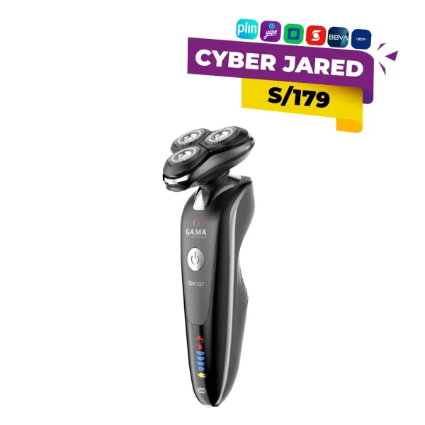 Afeitadora eléctrica rotativa GAMA GSH 306, de color negro o gris, con tres cabezales de corte flotantes y recortador de precisión.