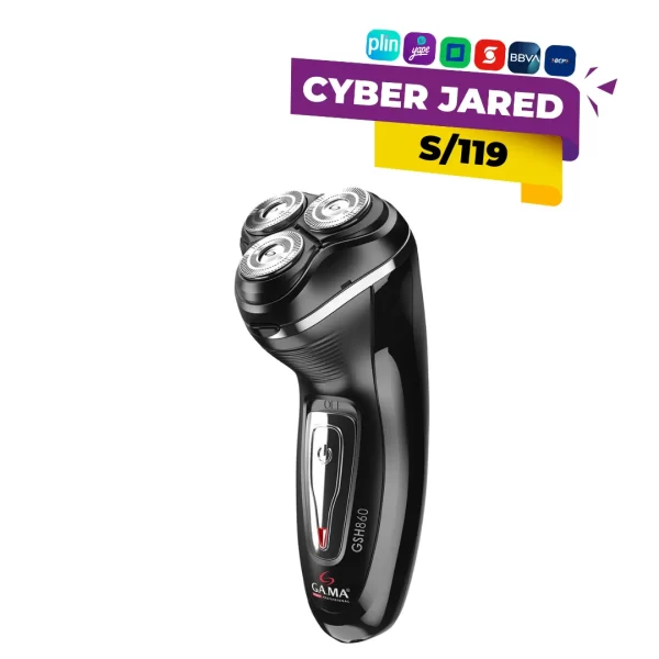 Afeitadora eléctrica rotativa GAMA GSH Master, de color negro o gris, con cabezales de corte flexibles y recortador de patillas.
