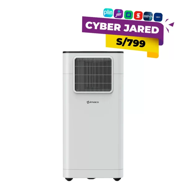Aire acondicionado Imaco AC7000 de 6,500 BTU, de tipo portátil o de ventana, color blanco, con rejilla de salida de aire y panel de control.