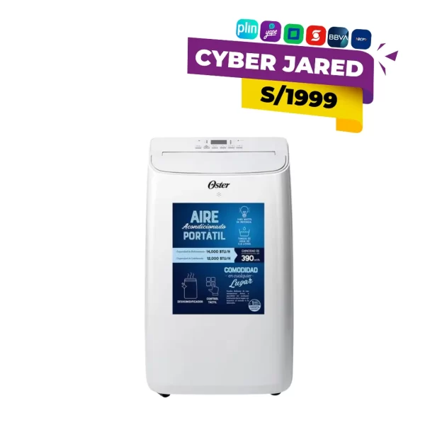 Aire acondicionado portátil Oster PACPOR1412FWE de 14,000 BTU, de diseño vertical y color blanco, con panel de control y manguera de escape.