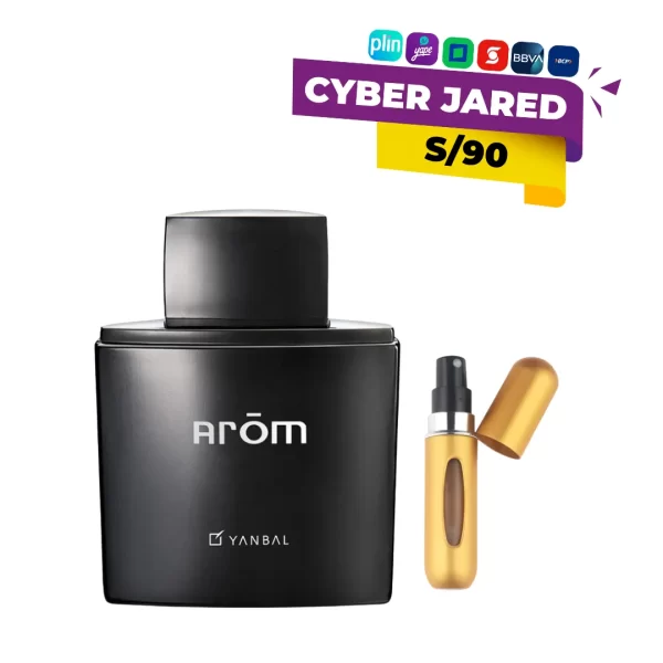 Set que incluye la botella principal del perfume Yanbal Arom Eau De Parfum (de color oscuro) y un atomizador de viaje pequeño y recargable.