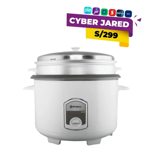 Olla arrocera Imaco modelo RC42 de gran capacidad (4.2 litros), color blanco, con tapa de vidrio y tazón antiadherente.