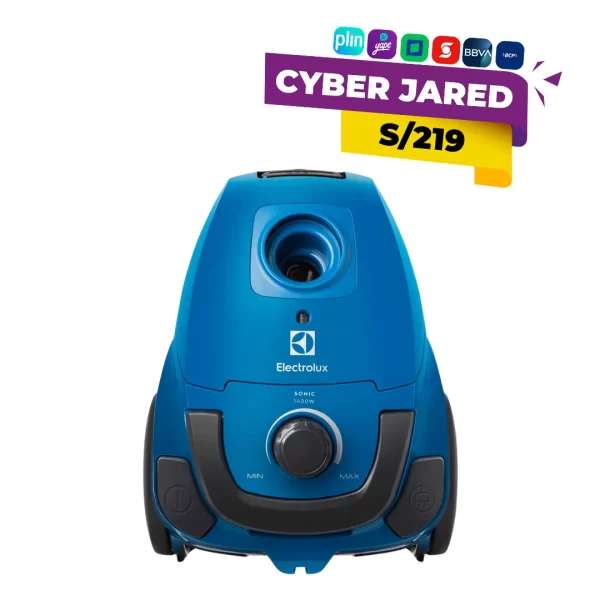 Aspiradora de arrastre con bolsa Electrolux SON10, color azul o gris, con manguera flexible, tubo telescópico y ruedas.