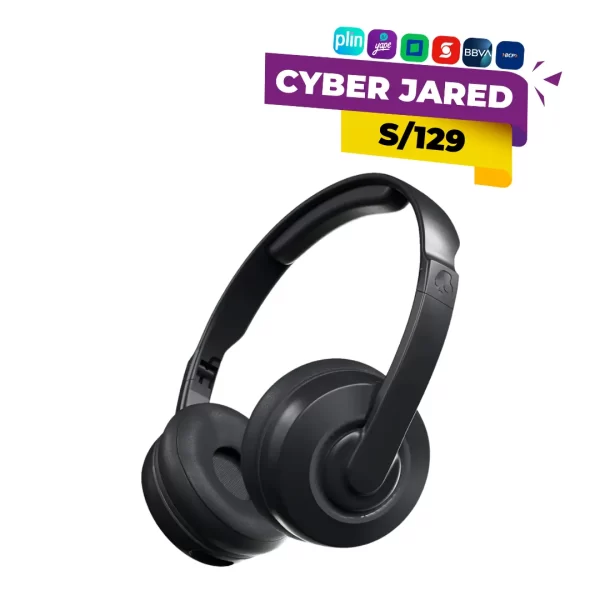 Audífonos supraaurales inalámbricos Skullcandy Remix Cassette de color negro, con diseño retro, diadema ajustable y conexión Bluetooth.