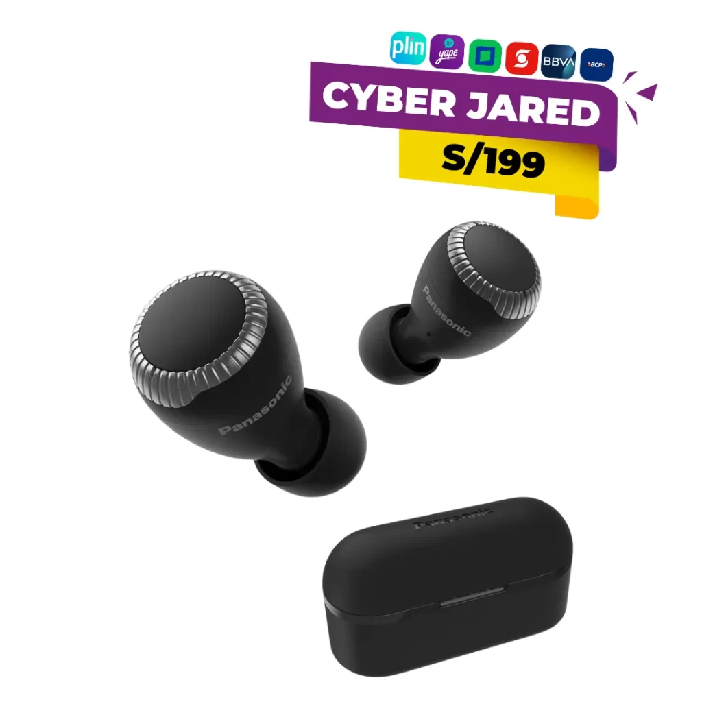 Audífonos inalámbricos internos (in-ear) Panasonic RZ-S300W de color negro, con estuche de carga portátil y conectividad Bluetooth.