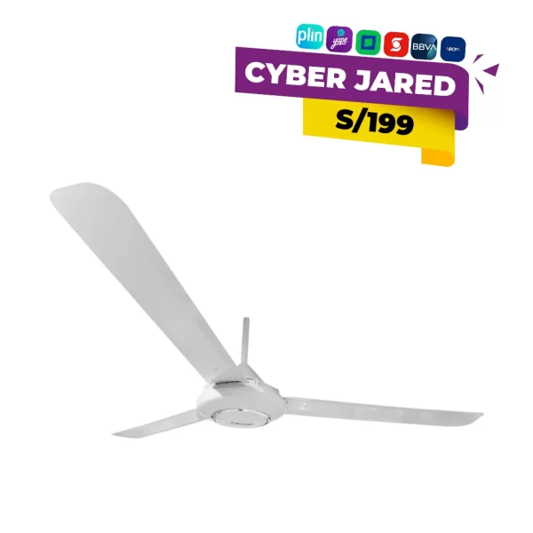 Ventilador de techo Bossko modelo BK-8230VTE, color blanco, con cinco aspas y motor de 90 Watts, mostrando el diseño colgante.