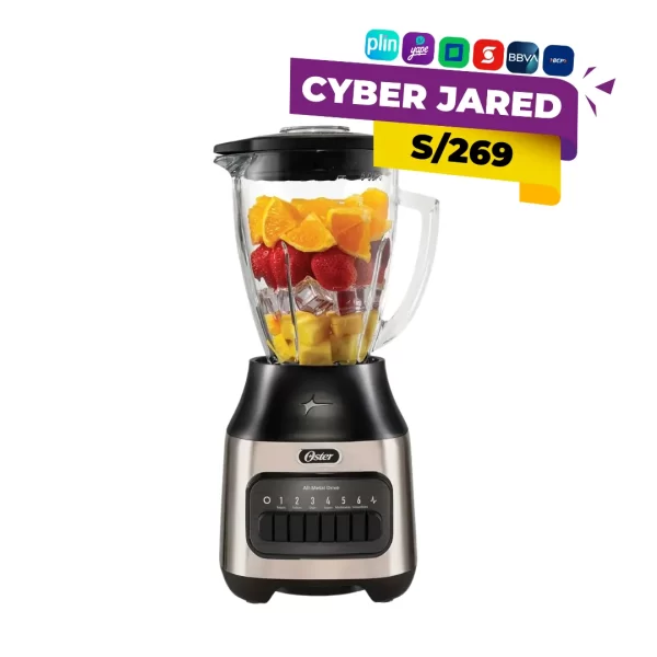 Licuadora Oster BLSTPEG-NPB 6 velocidades más pulso con vaso de vidrio vista frontal