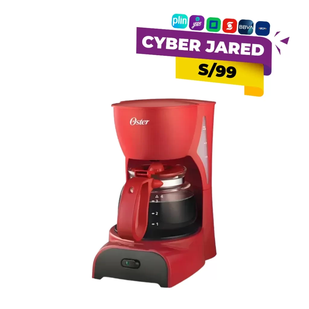 Cafetera de goteo eléctrica Oster BVSTDCDR5, color rojo, con jarra de vidrio de 4 tazas y diseño compacto.