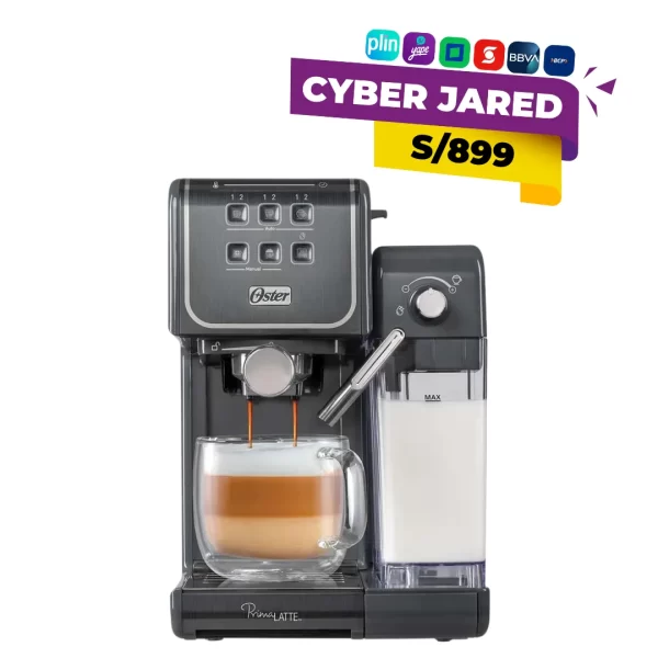 Cafetera automática de espresso Oster Prima Latte Touch BVSTEM6801M, color negro/metálico, con bomba de alta presión y panel de control digital táctil.