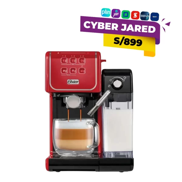 Cafetera eléctrica automática de espresso Oster Prima Latte BVSTEM6801R, color rojo, con bomba de 19 bares y depósito de leche desmontable.
