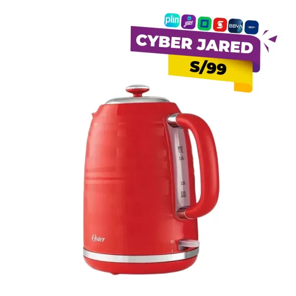 Hervidor eléctrico Oster BVSTKT4177R, color rojo, con base giratoria de 360 grados, ventana indicadora de nivel de agua y apagado automático.