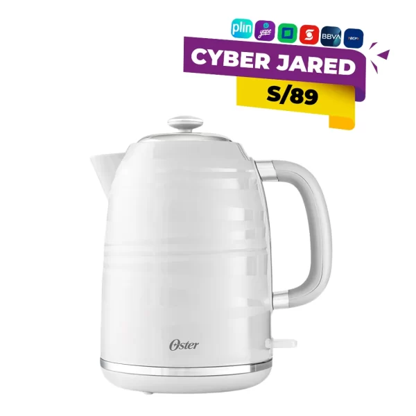 Hervidor eléctrico Oster BVSTKT4177W, color blanco, con base giratoria, ventana indicadora de nivel de agua y apagado automático de seguridad.