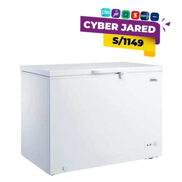 Congelador horizontal (tipo arcón) Mabe CHM300PB2, de 290 litros, color blanco, con tapa superior y termostato ajustable.