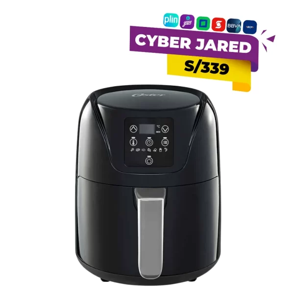 Freidora de aire digital Oster CKSTAF40D, color negro, con capacidad de 4 litros, panel de control táctil y canasta extraíble antiadherente.