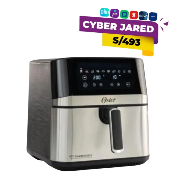 Freidora de aire Oster CKSTAF75DSSDF, con capacidad de 7.5 litros, diseño en color negro y acero inoxidable, y panel de control digital táctil.