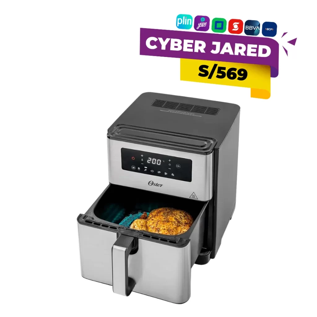 Freidora de aire (Air Fryer) Oster CKSTAF90D de 9 litros, color negro, con panel digital y 6 opciones de menú de cocción.