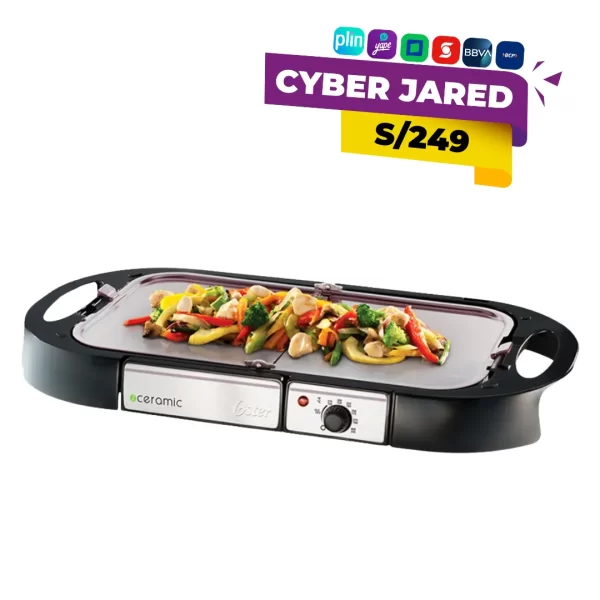 Plancha eléctrica freidora (Griddle) Oster CKSTGR3008, color negro, con recubrimiento Biocerámica, diseño plegable para usar en dos superficies y control de temperatura.