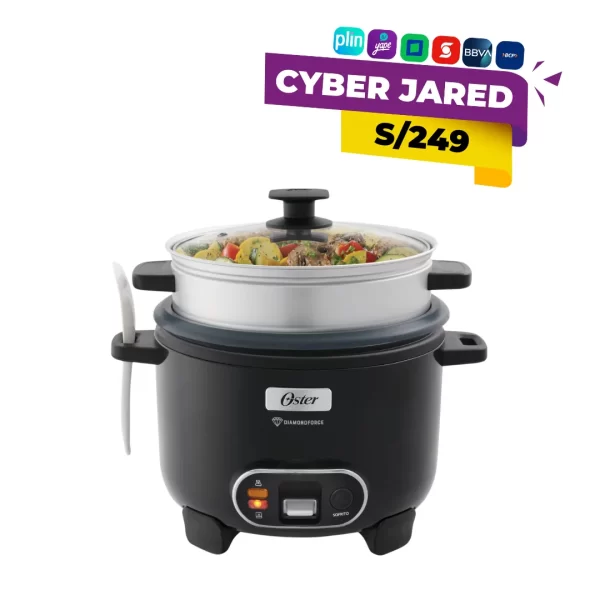 Arrocera OSTER de 10 tazas DiamondForce negra CKSTRC10DFBLK con tapa de vidrio