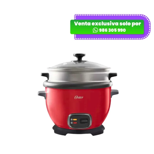 Olla arrocera eléctrica Oster CKSTRC5731R de 1.8 litros, de color rojo, con tapa de vidrio y tazón antiadherente.