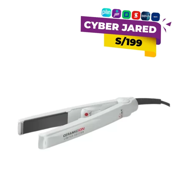 Plancha de cabello GAMA blanca modelo CP1MHP-LE con placas cerámicas e iones para un alisado suave y brillante.