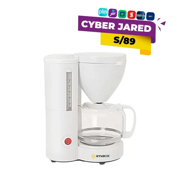 Cafetera eléctrica de goteo Imaco ICM608B, de 6 a 8 tazas, con jarra de vidrio, placa calentadora y acabado exterior blanco.