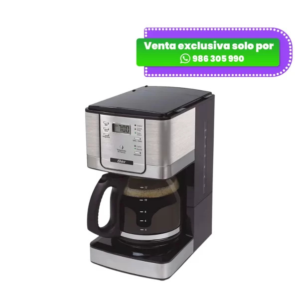 Cafetera eléctrica de goteo Oster BVSTDC4401 de 12 tazas, de color (posiblemente) negro y acero inoxidable, con panel de control digital y jarra de vidrio.