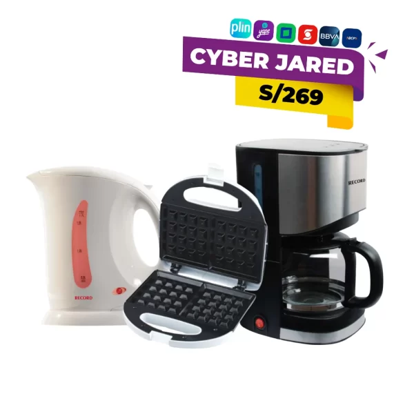 Set de tres electrodomésticos para desayuno: cafetera de goteo Record, hervidor de agua eléctrico y waflera eléctrica (máquina de waffles).