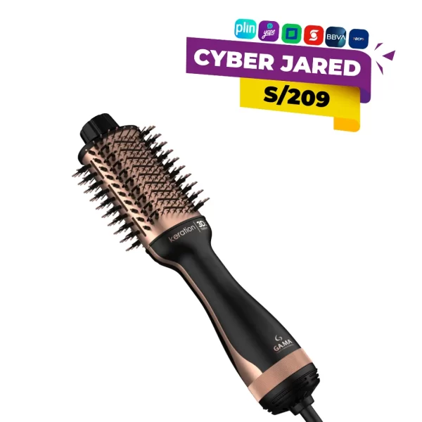Cepillo eléctrico alisador GAMA Stylish Keration Brush 3D (220V), con cerdas calentadas, infusión de keratina y control digital de temperatura.