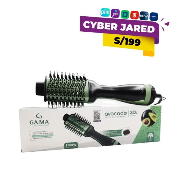 Cepillo eléctrico alisador GAMA Avocado Power Brush 3D, de 220V, con cerdas de calentamiento, infusión de aceite de aguacate y control digital de temperatura.