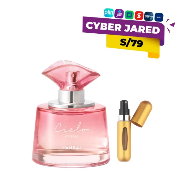 Set de Perfume Yanbal Cielo en Rosa (frasco de color rosa) y un atomizador de viaje pequeño y recargable, para transportar fácilmente la fragancia.