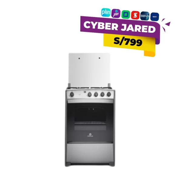 Cocina de pie a gas Indurama Coruña de 4 quemadores, con horno, tapa protectora y acabado exterior cromado o de acero brillante.