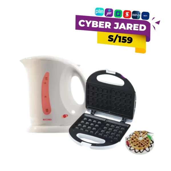 Combo de electrodomésticos para desayuno, que incluye un hervidor de agua eléctrico Record (tetera) y una waflera eléctrica DSP con capacidad para dos waffles/panes.