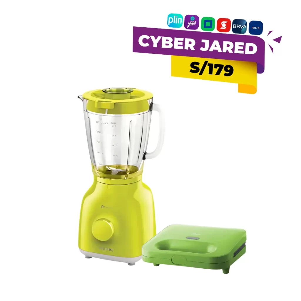 Combo de electrodomésticos que incluye una licuadora Philips con vaso de vidrio o plástico y una sandwichera compacta Oster.