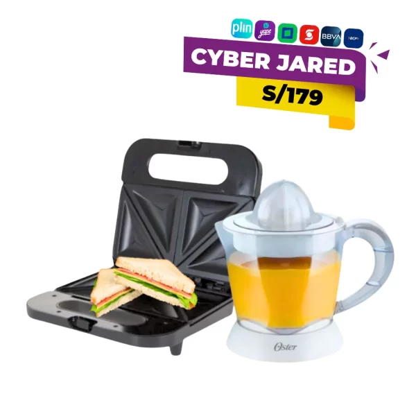 Combo de electrodomésticos Oster que incluye un exprimidor eléctrico de cítricos y una sandwichera compacta con placas antiadherentes.