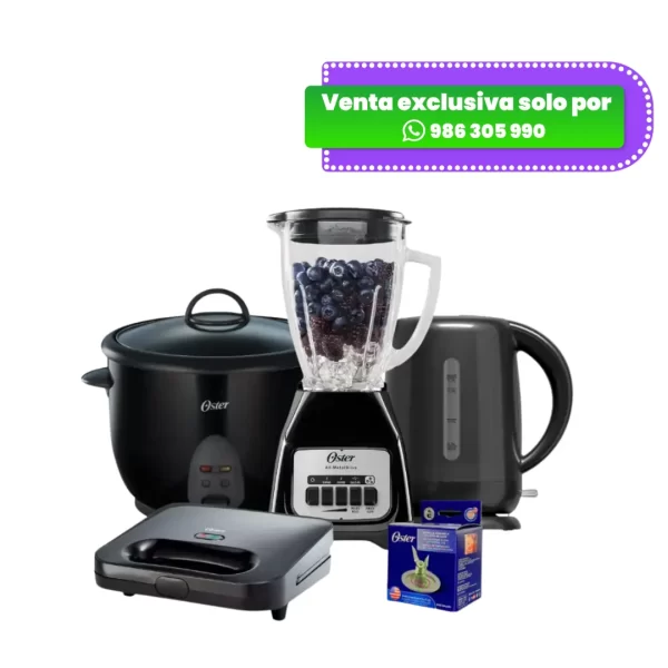 Combo Oster con licuadora, arrocera, hervidor, sandwichera y cuchilla color negro y acero inoxidable