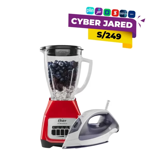 Combo de electrodomésticos Oster que incluye una licuadora de base con jarra y una plancha de ropa con función de vapor.