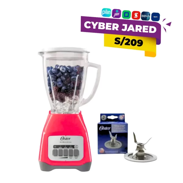 Combo de licuadora Oster con motor, vaso de vidrio, base de cuchillas y una cuchilla de repuesto adicional, de 2 velocidades.