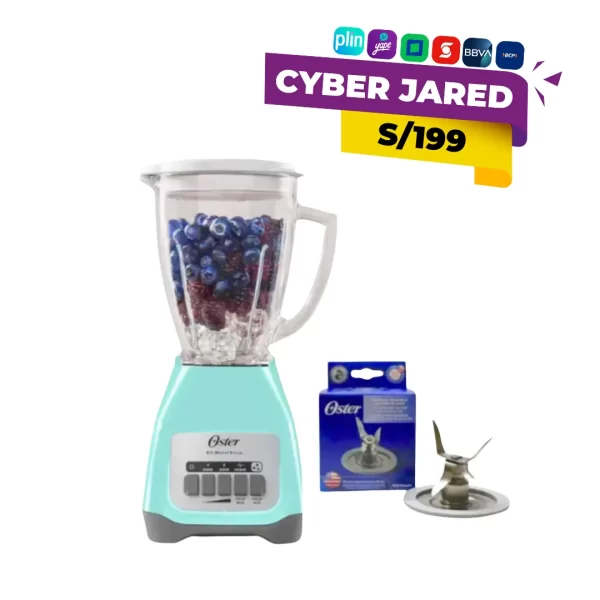 Combo de licuadora Oster con motor, vaso de vidrio, base de cuchillas y una cuchilla de repuesto adicional, de 2 velocidades.