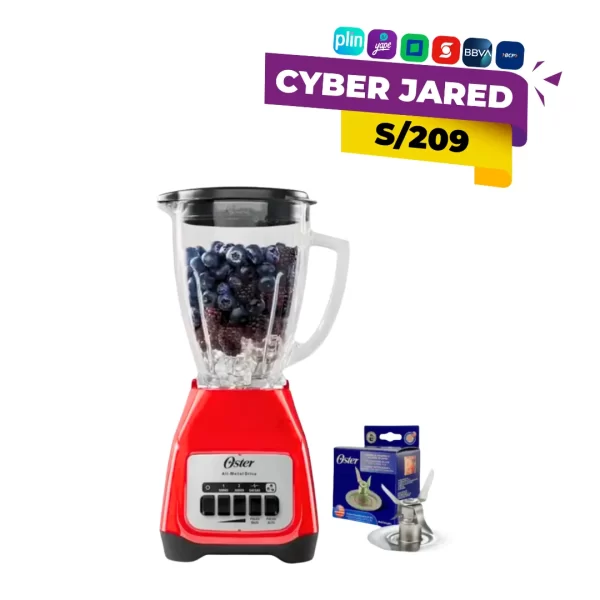 Combo Oster que contiene una licuadora de 2 velocidades con base (posiblemente) de metal o plástico, un vaso de vidrio y un set de cuchillas de repuesto.