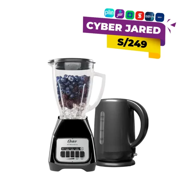 Combo de electrodomésticos Oster que incluye una licuadora de 2 velocidades con vaso de vidrio resistente y un hervidor de agua eléctrico.