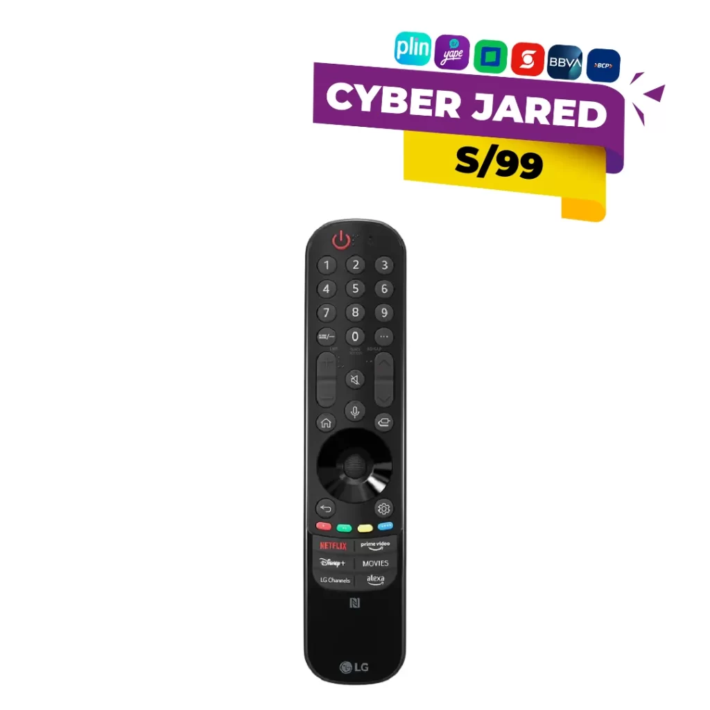 Control remoto LG Magic Remote MR24GN de color negro, con diseño ergonómico, micrófono para comandos de voz y rueda de desplazamiento (scroll).